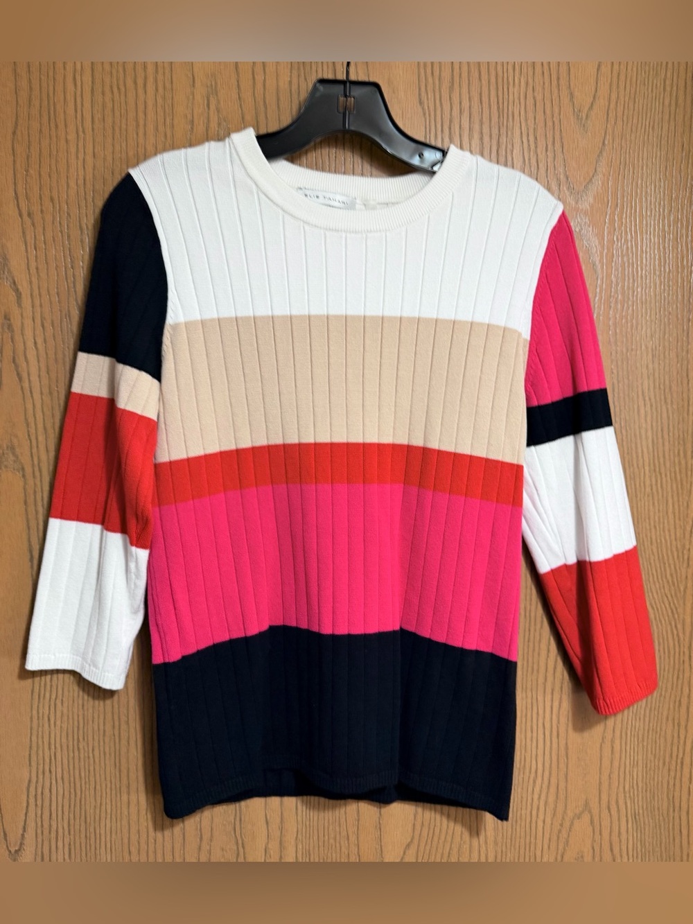 EUC Elie Tahari Sweater with Crewneck Striped Colorblock with a Ribbed Texture.